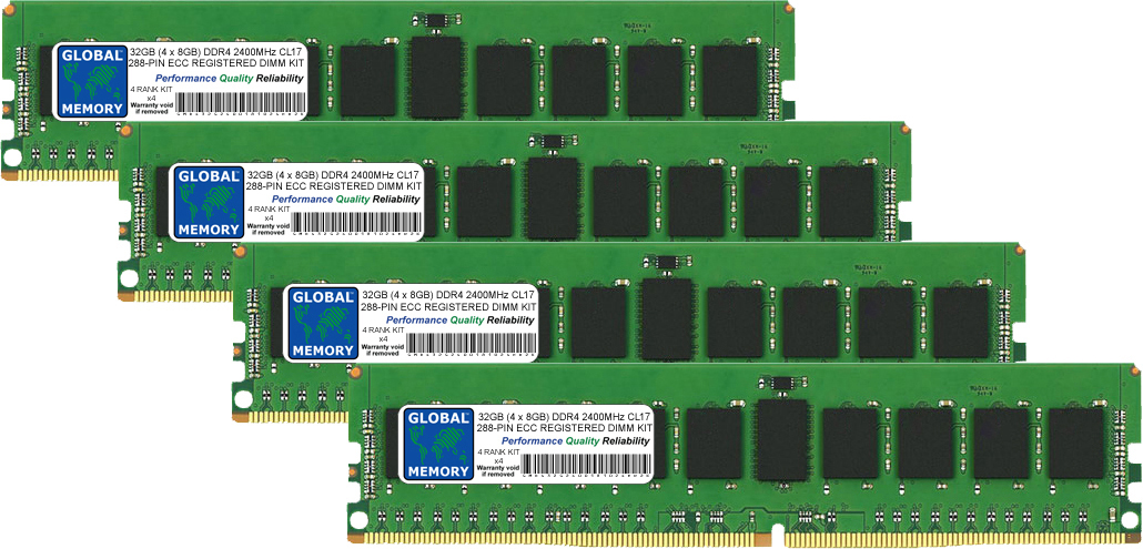 32GB (4 x 8GB) DDR4 2400MHz PC4-19200 288-PIN ECC REGISTERED DIMM (RDIMM) MEMORY RAM KIT FOR DELL SERVERS/WORKSTATIONS (4 RANK KIT CHIPKILL)